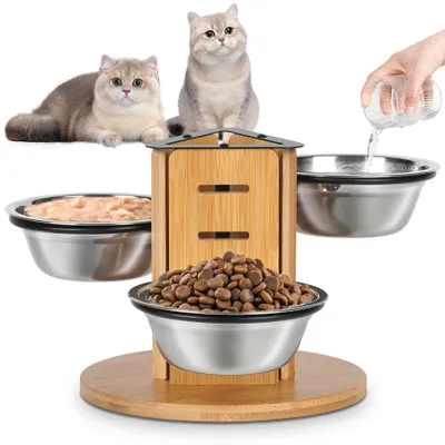 Erhöhter Katzennapf, 3er-Set, Bambus & Edelstahl, höhenverstellbar