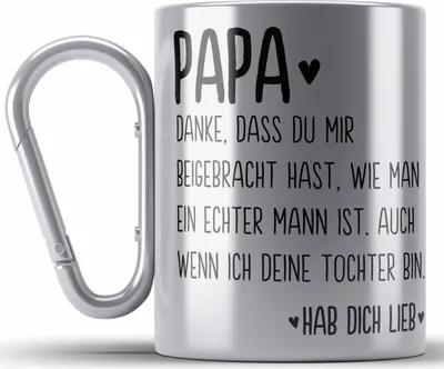 Produktbild von Trendation - Papa Edelstahl Tasse Karabiner Geschenk von Tochter Karabiner Edelstahl Tasse Karabiner Edelstahl Sprüche Vatertag Geschenkidee Spruch Vater (Silber)