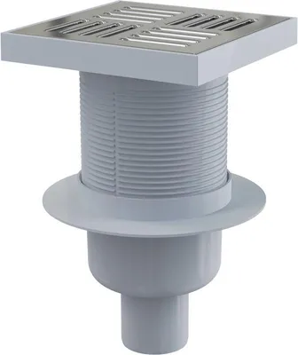 Obrázek produktu pro Podlahový odtok AlcaDrain 150 × 150/50 mm s jedním svislým odtokem, roštem z nerezové oceli, sifonem s těsnící vodou