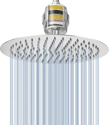 Productafbeelding van Bestaande uit regendouchekop en douchefilter - Hogedrukkoppen van roestvrij staal - Filterpatroon voor hard water (25 cm - Rond)