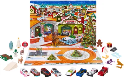 Produktbild von Kalendarz adwentowy Hot Wheels 2023, 8 samochodzików Hot Wheels i 16 akcesoriów zimowych za 24 ponumerowanymi drzwiczkami, w tym mata do zabawy, dla dzieci i fanów Hot Wheels