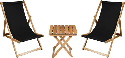 Produktbild von 2 x Liegestuhl + Beistelltisch Strandliege Holz Sonnenliege Gartenliege Gartentisch Geölt Schwarz
