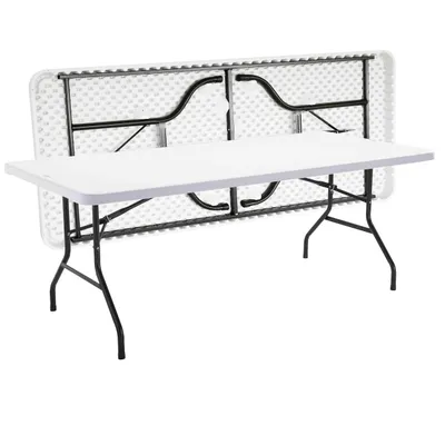 A white folding table with black metal legs, shown in a partially folded state.