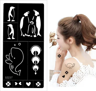 Produktbild von Henna Tattoo Schablone Airbrush Stencil Herz Pinguin Wal