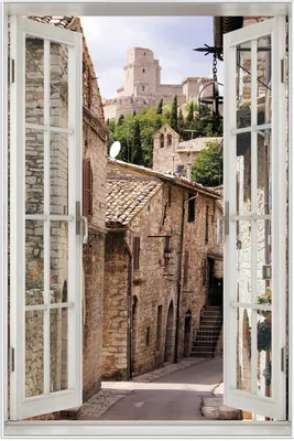 Produktbild von Wallario Wandbild mit Fenster-Illusion: Italienische Gasse, Größe: 61 x 91,5 cm, Poster mit weißem Aluminiumrahmen