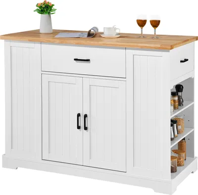 A white kitchen island with a wooden countertop is shown against a white background.