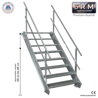 Produktbild von 8 Stufen Stahltreppe beidseitig. Geländer Breite 150cm Geschosshöhe 120-160cm