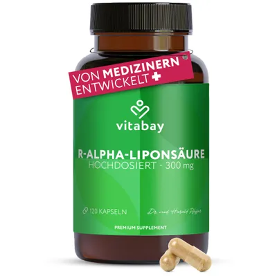 Produktbild von Vitabay R-Alpha Liponsäure 300 mg - 120 Kapseln hochdosiert & vegan - bioaktive R-Form - 4 Monate Vorrat