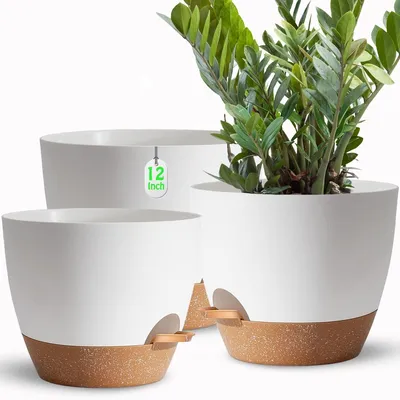 Productafbeelding van Moderne, witte zelfwaterende bloempotten, set