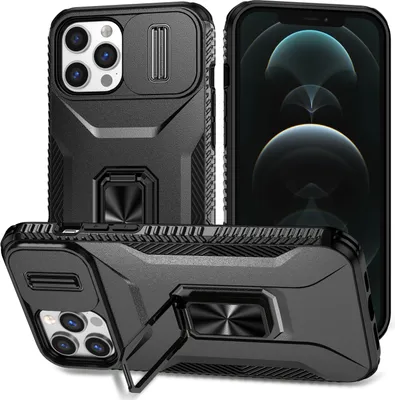 Produktbild von Handyhülle für iPhone 11 Pro Max Dual Layer Hülle mit Schiebe Kamera Schutz und Ringhalter Ständer Schwarz