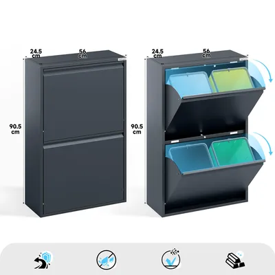 Two views of a multi-compartment trash can, one closed and one open showing internal bins, with dimensions indicated.