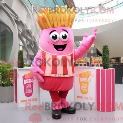 Productafbeelding van Mascot REDBROKOLY karakter van een roze friet gekleed met een vest en armbanden
