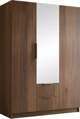 Produktbild von MIRJAN24 Kleiderschrank Calwi II 150, Schlafzimmer, mit Spiegel, Drehtürenschrank, mit Kleiderstange, Modern, Garderobenschrank, Metallgriffe (Farbe: Nuss Warmia + Gold)