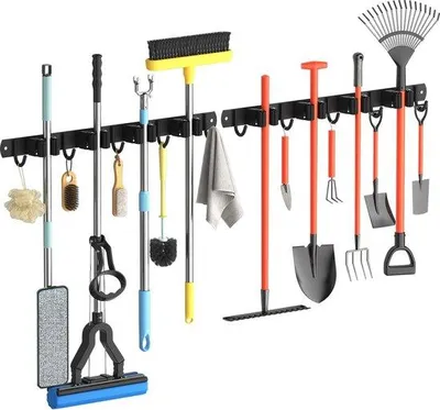 Produktbild von Gartengerätehalter, 2 Stück, Wandhalter, Edelstahl, Gartengerätehalter, Werkzeughalter, Gartentoolhalter, Mop-Halter, Organizer mit 4 Haken und 5 Haken, für Haus, Küche, Badezimmer, Garage, Garten