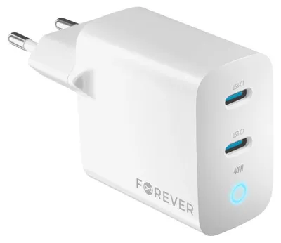 Produktbild von GaN Schnellladegerät 40W Wandladegerät 2x USB-C Anschluss PD, QC in Weiß