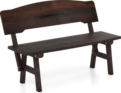 A dark brown wooden garden bench with a curved backrest, shown from a slight angle against a white background.