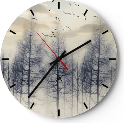 Produktbild von Wanduhr - Rund - Glasuhr - Bäume Vögel Himmel - 30x30cm - Schleichendes Uhrwerk - Lautlos - zum Aufhängen bereit - Dekoration Modern - Wanddekoration aus Glas - C3AR30x30-4546