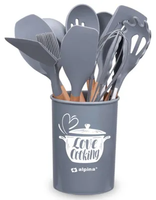 Image de alpina Set de vaisselle de cuisine avec support, 12 pièces, ustensiles en silicone avec manche en bois, gris
