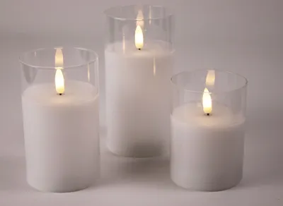 Produktbild von 3er Set Wachskerzen mit 3D Flamme im transparenten Glas, Größen: 7,5x10/12,5/15cm