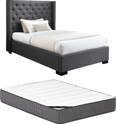 Produktbild von Bett mit gestepptem Kopfteil + Matratze - 120 x 200 cm - Stoff - Grau - MASSIMO