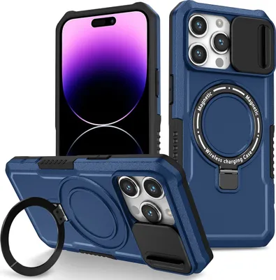 Produktbild von Handyhülle für iPhone 14 Pro Kompatibel mit MagSafe, Robuste Hülle mit Schiebe Kamera Schutz, Magnetischer Ringständer Blau