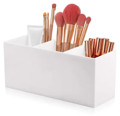 Produktbild von Make-up-Pinselhalter, Aufbewahrungsbox für Kosmetikpinsel mit 3 Fächern, Aufbewahrungsbox aus Acryl für Make-up, Organizer für Eyeliner, Lippenstift und Pinsel