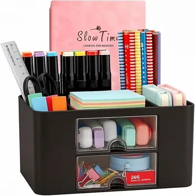 Produktbild von PolkaHome® Schreibtisch-Organizer mit 6 Fächern und 2 Schubladen, Stiftehalter für Büro, Schule und Zuhause, Schwarz