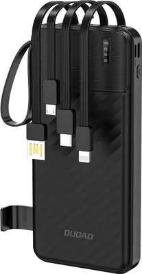 A black power bank with integrated charging cables is shown against a white background.