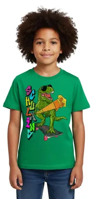Produktbild von Spreadshirt Skater Dino mit seiner Schultüte Kinder T-Shirt, 122/128 (7-8 Jahre), Kelly Green