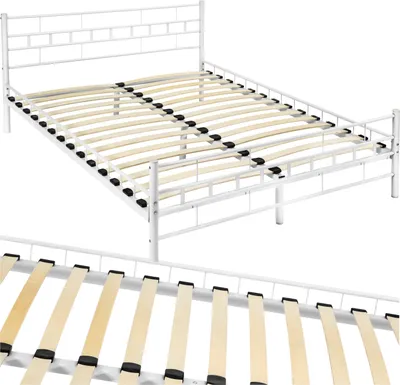 A white metal bed frame with wooden slats.