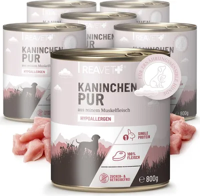 Produktbild von REAVET Premium Hunde Nassfutter - Kaninchen Pur 6 x 800g I Reines Muskelfleisch, Hypoallergen, ohne Getreide & Zusätze, Hundenassfutter sensitiv für Allergiker
