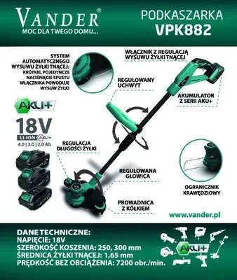 Zdjęcie produktu dla Podkaszarka akumulatorowa VANDER VPK882 18V + akumulator 5Ah + ładowarka