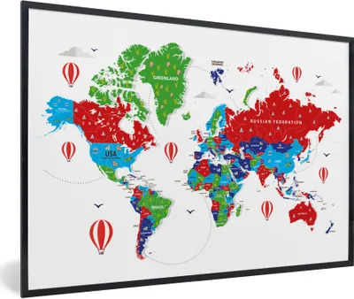Produktbild von MuchoWow® Gerahmtes Poster Weltkarte - Farben - Luftballon 90x60 cm - Poster mit Schwarzem Bilderrahmen Wandposter Rahmen Foto Bilder - Fotorahmen - Foto-Plakat