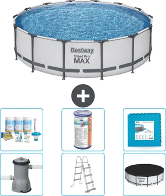 Produktbild von Bestway Round Steel Pro MAX Schwimmbad – 427 x 107 cm – Grau – inklusive Pumpe – Leiter – Abdeckung Wartungspaket - Filter - Bodenfliesen