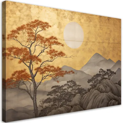 Produktbild von Leinwandbild für Wohnzimmer Goldene Berglandschaft 60x40 Feeby Gelb bild für die wand bereit zum aufhängen