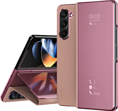 Image de Etui pour Samsung Galaxy Z Fold 6 coque miroir transparente, support en cuirPolyuréthaneRose or