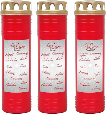 Produktbild von Grabkerze Rot 3er Pack, Brenndauer: 170 Stunden ( je Kerze ), Motiv: LaLuce