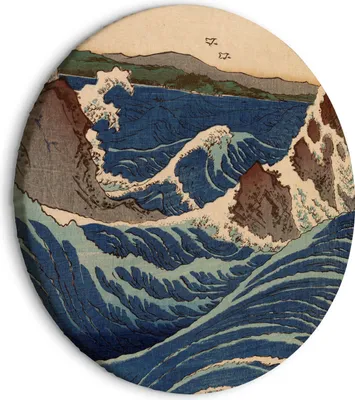 Produktbild von Italienischer Leinwand Rundes Bild - Woodcut Utagawa Hiroshige - Great Blue Wave 40x40 cm Reproduktionen l-G-10011-bc-a