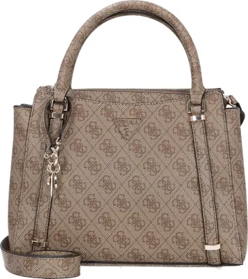 A studio shot of a brown Guess handbag with a monogram pattern.