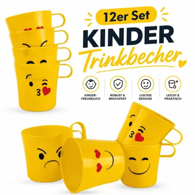 Produktbild von 12 Trinkbecher Kinder Becher Set Lustige Motive Campingbecher Mehrweg Kunststoff