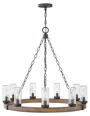 Produktbild von Elstead Sawyer Außen-Kronleuchter E14 9-fach Sequoia-Holzoptik mit rostfarbenen Eisenakzenten und klarem Glas mit Sprenkeln Glas mit Luftbläschen IP44