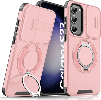 Obrázek produktu pro Dvouvrstvé pouzdro pro Samsung Galaxy S23, s posuvným krytem fotoaparátu a magnetickým kroužkovým stojánkem Růžový