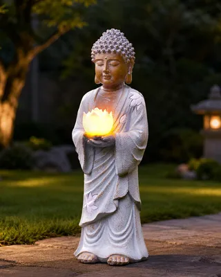 Buddha-Figur 37 cm mit Solar-LED-Lotus, Naturstein-Optik