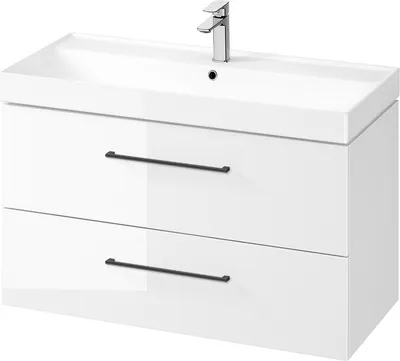 Produktbild von BADLAND Badmöbel Set Badezimmerschrank mit Keramikwaschbecken, 2-Schubladen LARGA 100 Weiß, 2x Schwarz Möbelgriffe