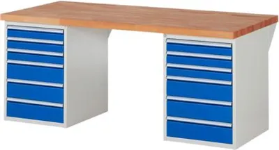 Produktbild von Werkbank mit 12 Schubladen - Vollauszug - 90:6 / 150:6 - 840 x 2.000 x 900 mm (HxBxT) - Traglast 1.000 kg - Buche