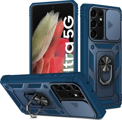Obrázek produktu pro Pouzdro pro Samsung Galaxy S21 Ultra 5G posuvná ochrana kamery, robustní nárazuvzdorné, s držákem prstenu, stojánkem a držákem na karty Modrý