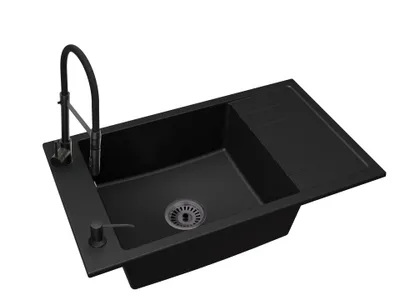 Produktbild von Küchenspüle Einbecken LUIS mit Siphon, Armatur VENTO Schwarz und Seifenspender