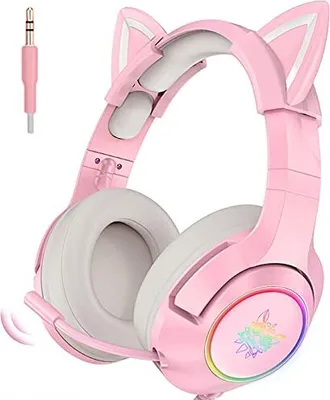 Produktbild von Gaming -Headset Pink, abnehmbare Katzenohrhörer, 7.1 -Surround -Sound einstellbare Geräuschunterdrückung, LED -Licht, einziehbares Mikrofon