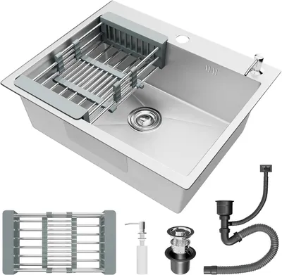 Produktbild von Stanew Küchenspüle, 1 Becken, 55 x 45 cm, Einbauspüle, kleine Spüle aus Edelstahl, Löcher für Wasserhähne und Seifenspender und Teleskopkorb, Silber
