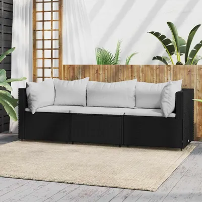 Image de vidaXL Ensemble de salon de jardin 3 pièces avec coussins noir poly rotin